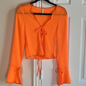 AsYou Women's Sheer, Front Tie Blouse in Neon Orange - US 4